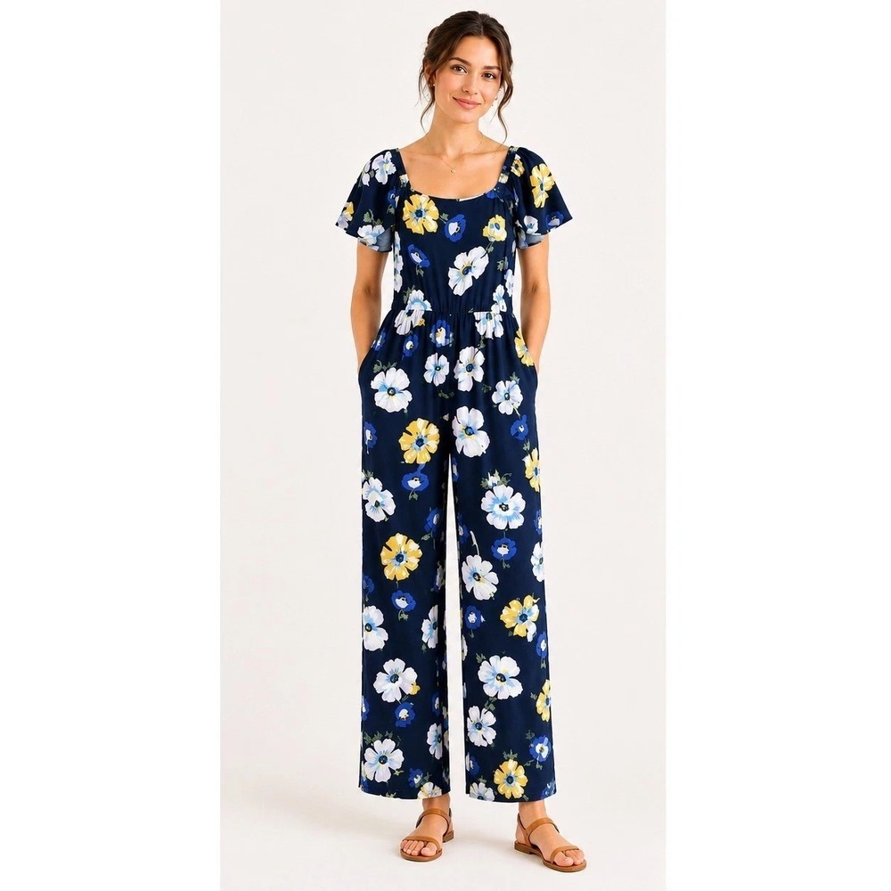 Loft Outlet Womens XSP Navy Floral Flutter Sleeve Smocked Wide Leg Jumpsuit Boho